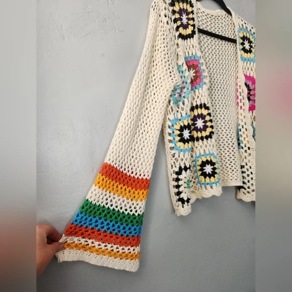 Boho Crochet Knit Patchwork Bell Sleeve Cardigan  Sz Large - Picture 4 of 6